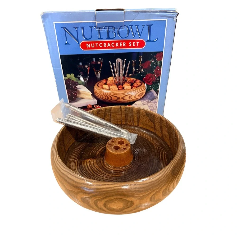 HM Quackenbush Vintage Nutcracker Set White Ash Wood Bowl Nickel Plated Tools‎